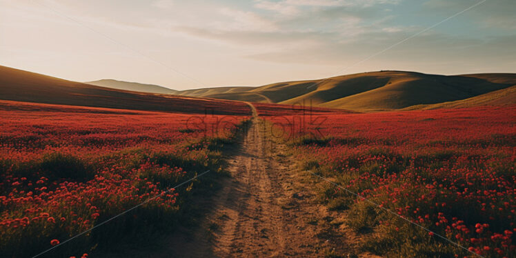 A row of red poppy flowers in a field - Starpik Stock