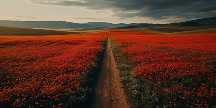 A row of red poppy flowers in a field - Starpik Stock