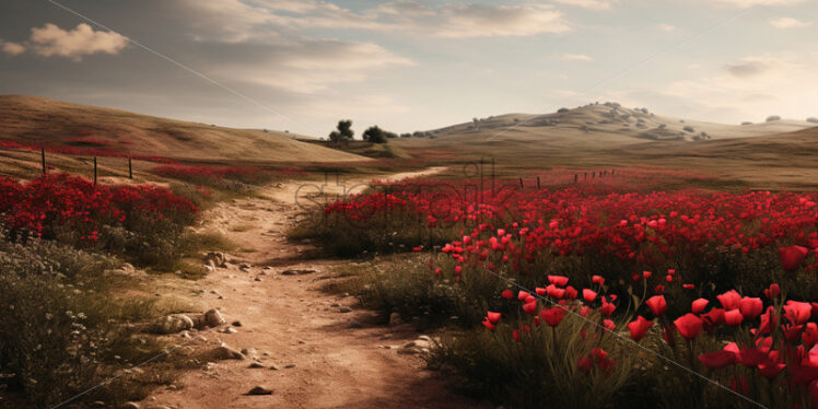 A row of red poppy flowers in a field - Starpik Stock