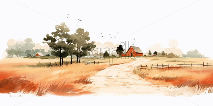 A rural landscape in watercolor, clip art style - Starpik Stock