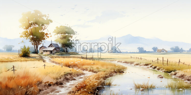 A rural landscape in watercolor, clip art style - Starpik Stock