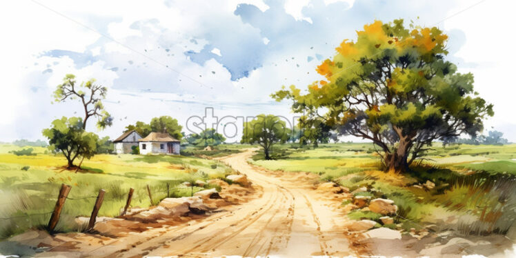 A rural landscape in watercolor, clip art style - Starpik Stock