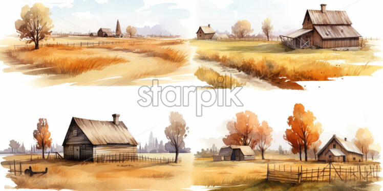 A rural landscape in watercolor, clip art style - Starpik Stock