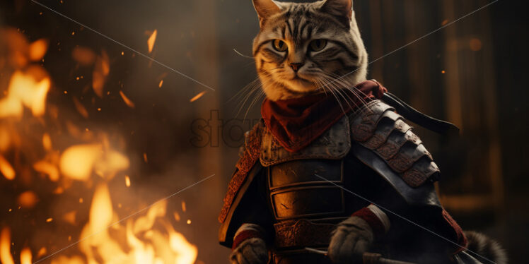 A samurai cat against the background of flames - Starpik Stock