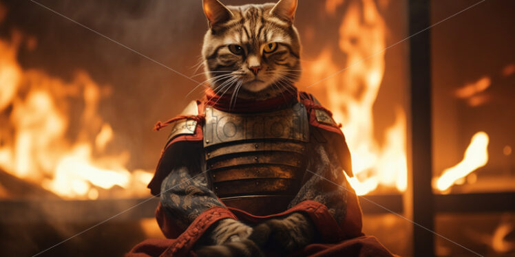 A samurai cat against the background of flames - Starpik Stock