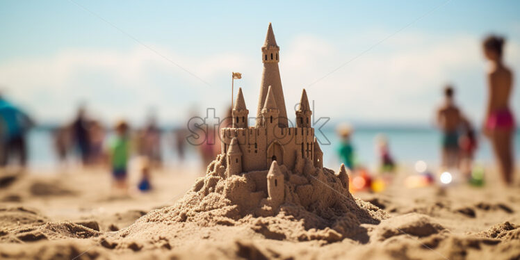 A sandcastle on the beach, and blurred people in the background - Starpik Stock