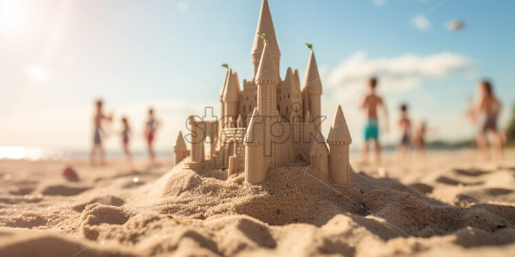 A sandcastle on the beach, and blurred people in the background - Starpik Stock