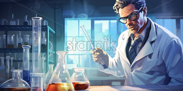 A scientistchemist in a laboratory with test tubes, vector art - Starpik Stock