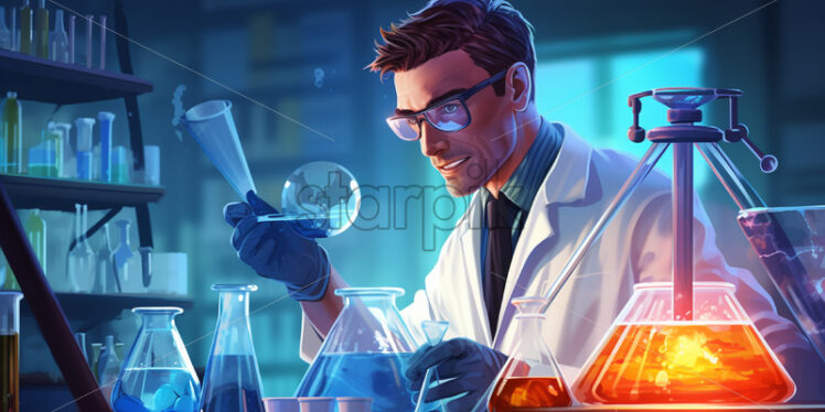 A scientistchemist in a laboratory with test tubes, vector art - Starpik Stock