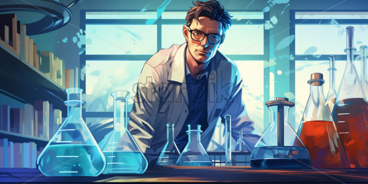 A scientistchemist in a laboratory with test tubes, vector art - Starpik Stock