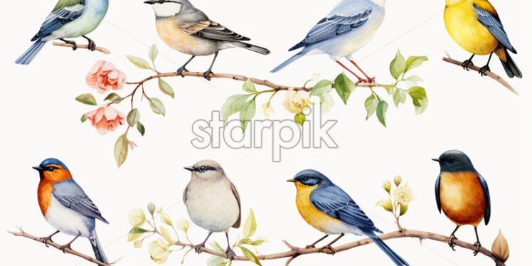 A set of birds on a white background, created in watercolor - Starpik Stock