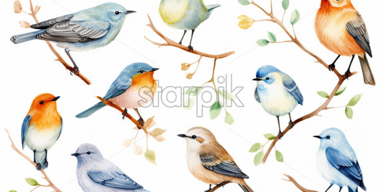 A set of birds on a white background, created in watercolor - Starpik Stock