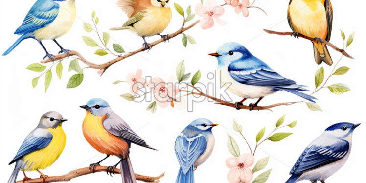 A set of birds on a white background, created in watercolor - Starpik Stock