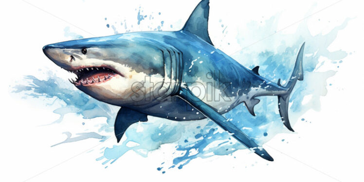 A shark in the blue sea, watercolor in clipart style - Starpik Stock