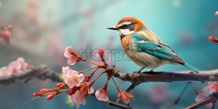 A small bird, on a branch with flowers, on a pastel background - Starpik Stock