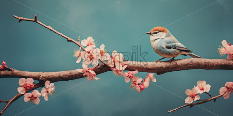 A small bird, on a branch with flowers, on a pastel background - Starpik Stock