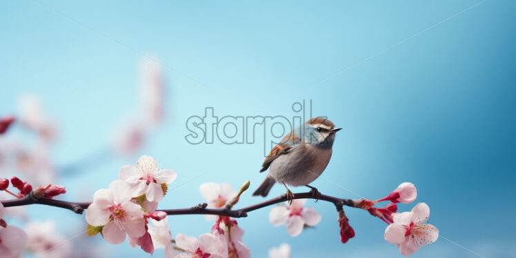 A small bird, on a branch with flowers, on a pastel background - Starpik Stock