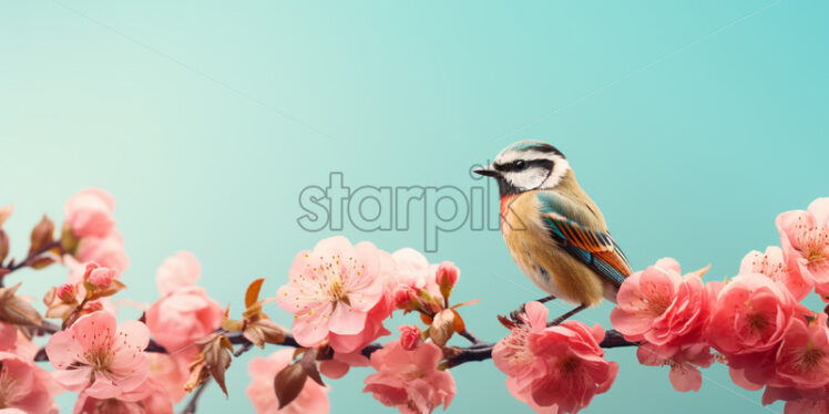 A small bird, on a branch with flowers, on a pastel background - Starpik Stock