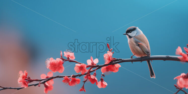 A small bird, on a branch with flowers, on a pastel background - Starpik Stock