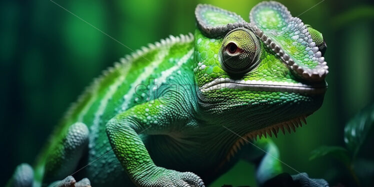 A small chameleon sitting on the branch of a tropical tree - Starpik Stock