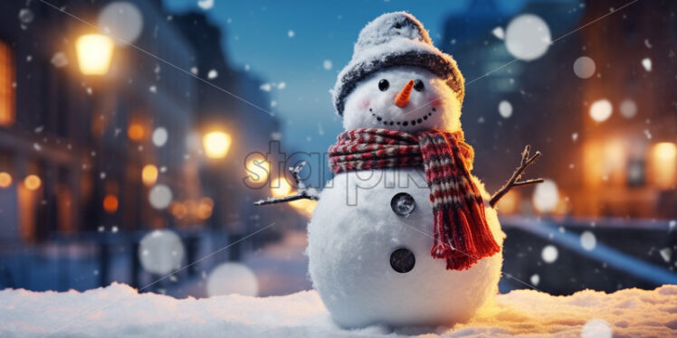 A snowman in the city with festive lights, winter holidays card background - Starpik Stock