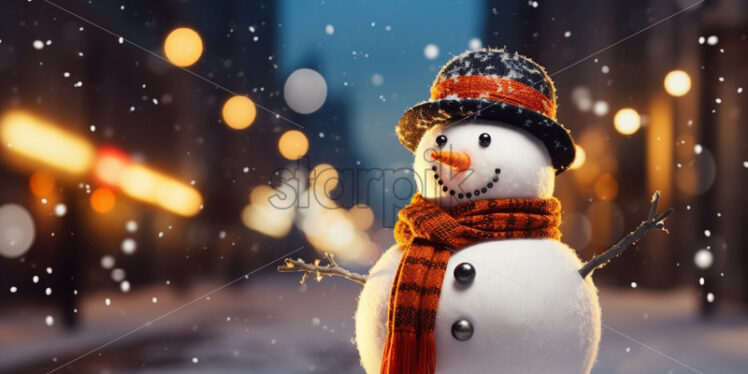 A snowman in the city with festive lights, winter holidays card background - Starpik Stock