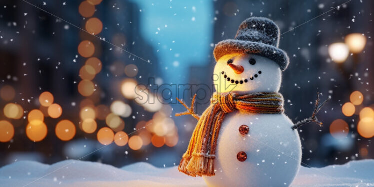 A snowman in the city with festive lights, winter holidays card background - Starpik Stock