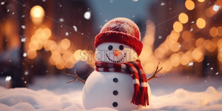 A snowman in the city with festive lights, winter holidays card background - Starpik Stock