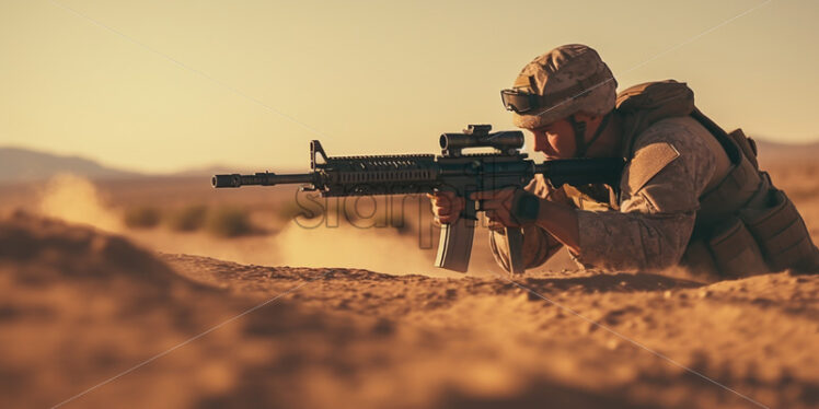 A soldier in the desert firing his gun - Starpik Stock