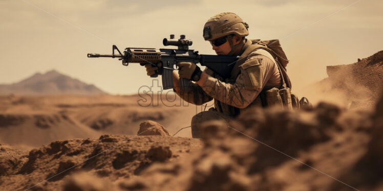 A soldier in the desert firing his gun - Starpik Stock