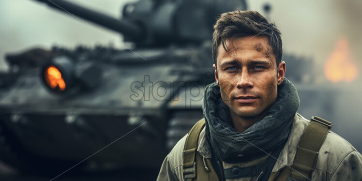 A soldier next to a battle tank - Starpik Stock