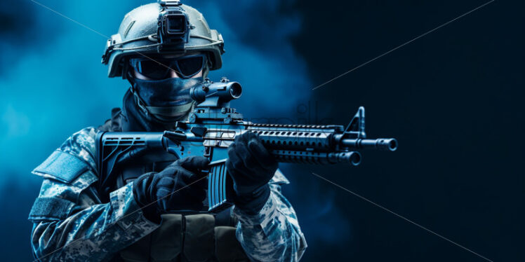 A soldier with a gun in his hand on a blue background - Starpik Stock