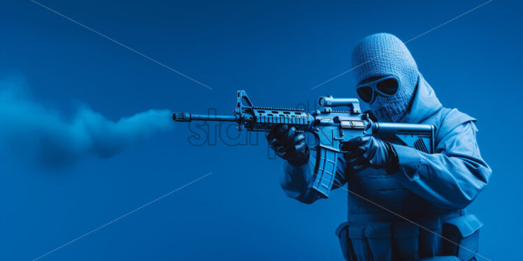 A soldier with a gun in his hand on a blue background - Starpik Stock