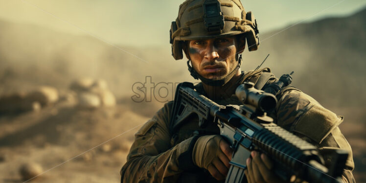 A soldier with a weapon in his hand on the battlefield - Starpik Stock