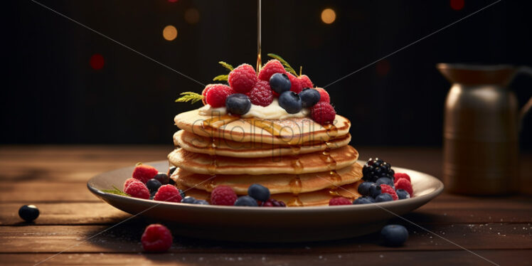 A stack of pancakes with fresh raspberries and blueberries - Starpik Stock