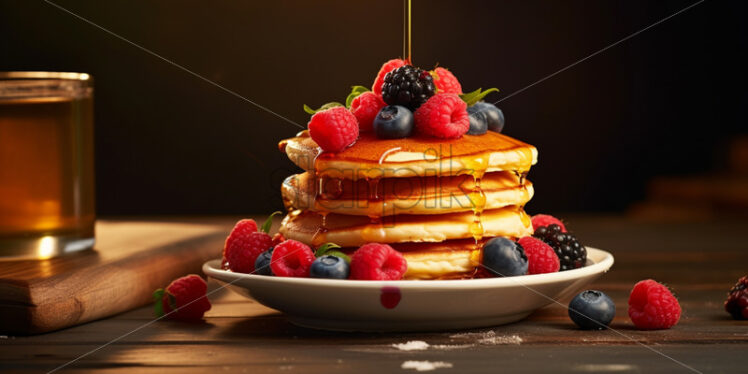 A stack of pancakes with fresh raspberries and blueberries - Starpik Stock