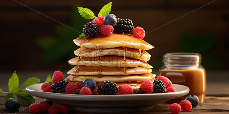 A stack of pancakes with fresh raspberries and blueberries - Starpik Stock