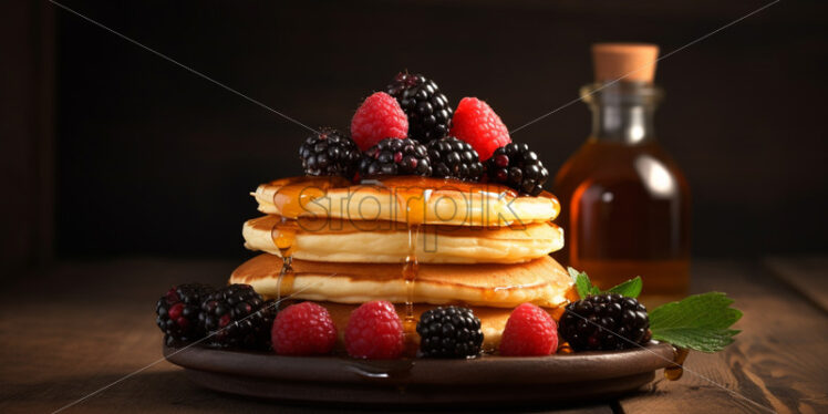 A stack of pancakes with fresh raspberries and blueberries - Starpik Stock