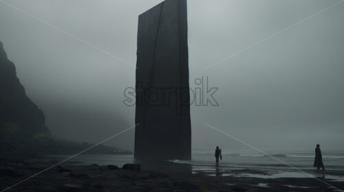 A stone monolith on a beach that reaches towards the sky - Starpik Stock