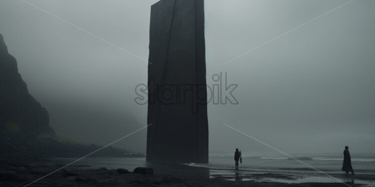 A stone monolith on a beach that reaches towards the sky - Starpik Stock