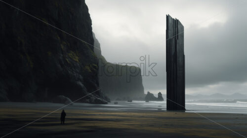 A stone monolith on a beach that reaches towards the sky - Starpik Stock