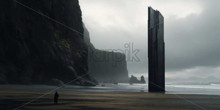 A stone monolith on a beach that reaches towards the sky - Starpik Stock