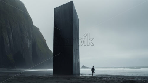 A stone monolith on a beach that reaches towards the sky - Starpik Stock