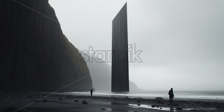 A stone monolith on a beach that reaches towards the sky - Starpik Stock