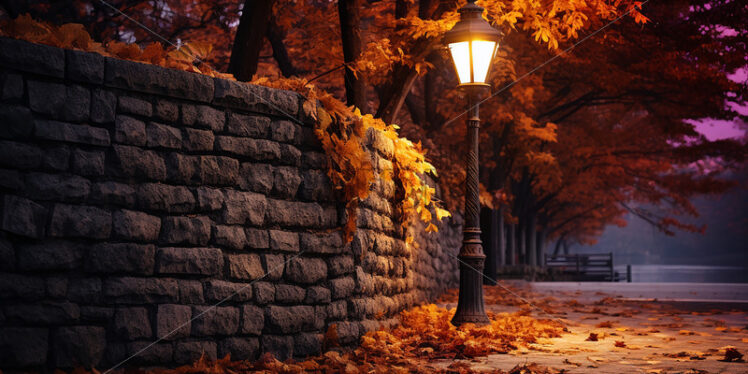 A street with a stone fence and a lantern, autumn - Starpik Stock