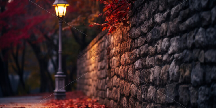 A street with a stone fence and a lantern, autumn - Starpik Stock