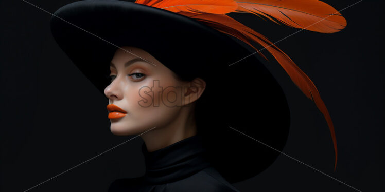 A stylish woman with a hat with orange feathers - Starpik Stock