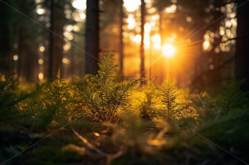 A sunrise in a coniferous forest - Starpik Stock