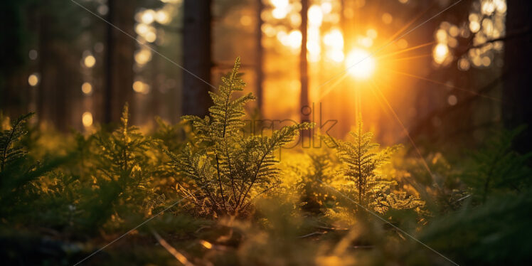 A sunrise in a coniferous forest - Starpik Stock