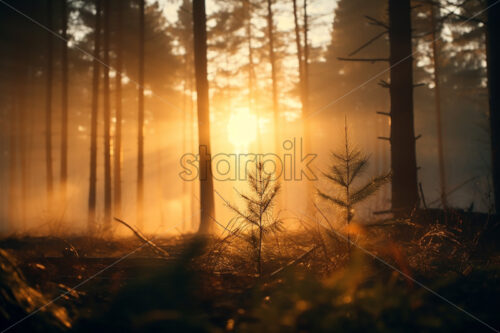 A sunrise in a coniferous forest - Starpik Stock